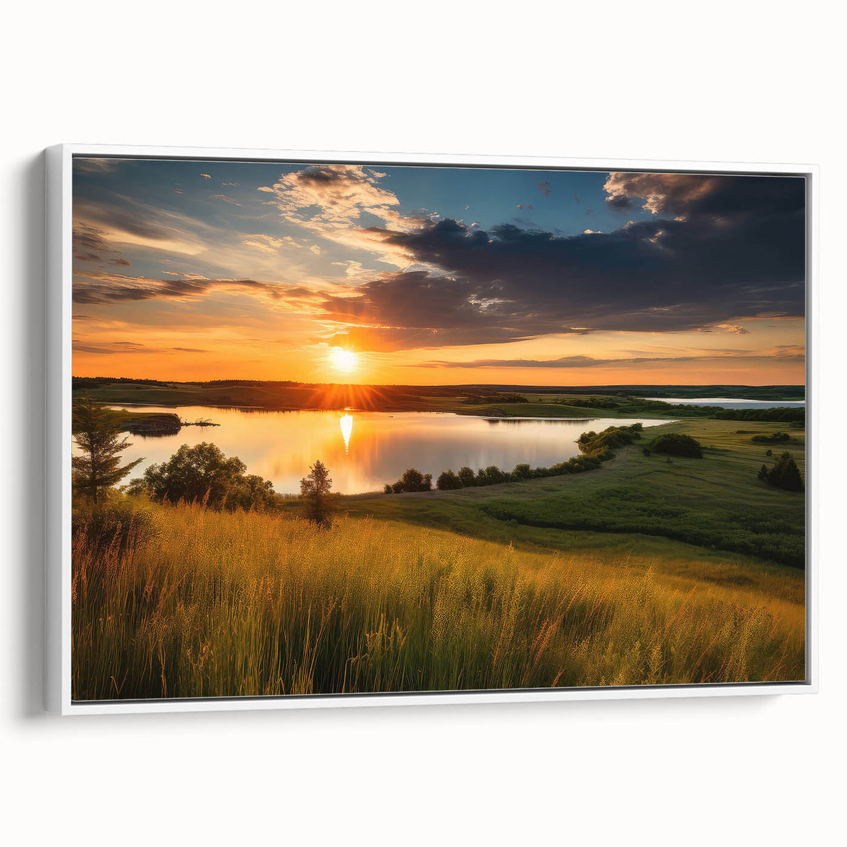 Vintage poster art of a Minnesota landscape on framed canvas, featuring vibrant colors, ideal for living room decor.