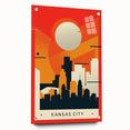 Acrylic print of Kansas City skyline in muted gray and blue tones, ideal for modern bedroom or dining room decor.