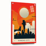 Acrylic print of Kansas City skyline in muted gray and blue tones, ideal for modern bedroom or dining room decor.