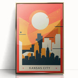 Mid-century modernist acrylic print of Kansas City skyline in gold and blue tones, ideal for modern art wall decor.