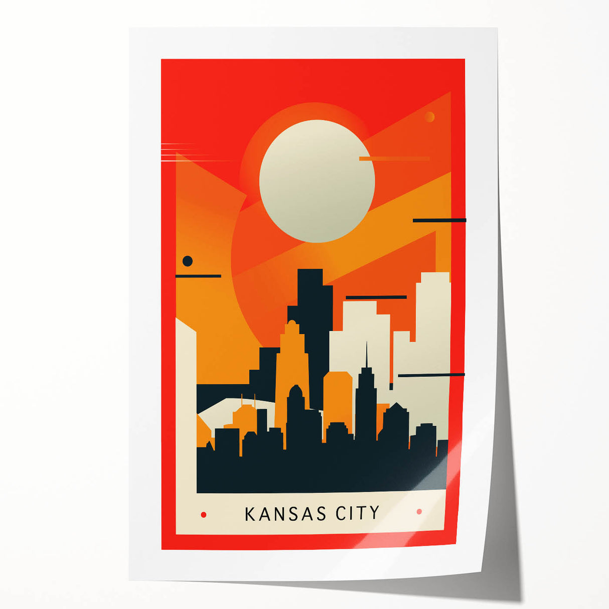 Kansas City skyline in muted gray, rolled print on canvas, ideal for art wall dining room.