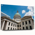 Acrylic print of the St. Louis skyline in muted blue tones, suitable for bedroom or dining room decor.