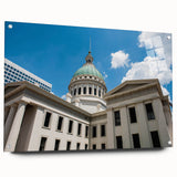 Acrylic print of the St. Louis skyline in muted blue tones, suitable for bedroom or dining room decor.
