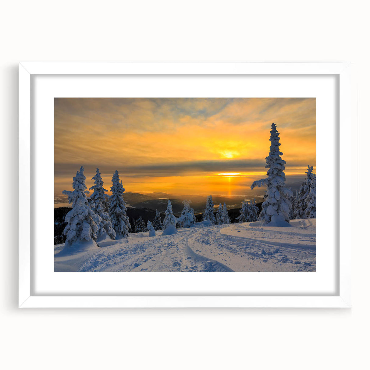 Abstract art print of Montana scenery in muted earth tones on a white matted frame, ideal for dining room decor.