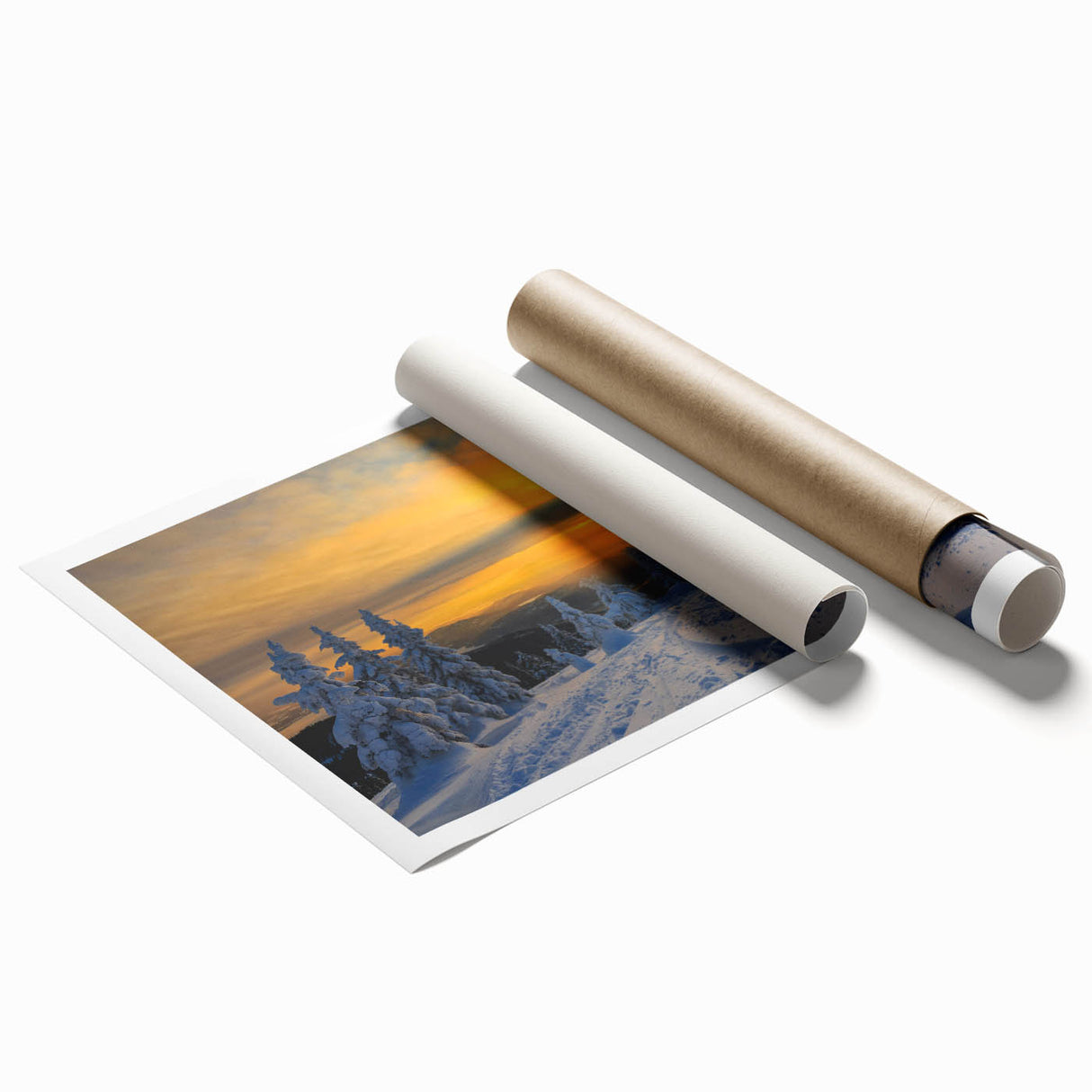 Extra large rolled print of a Montana landscape with soft floral elements, in muted earth tones.