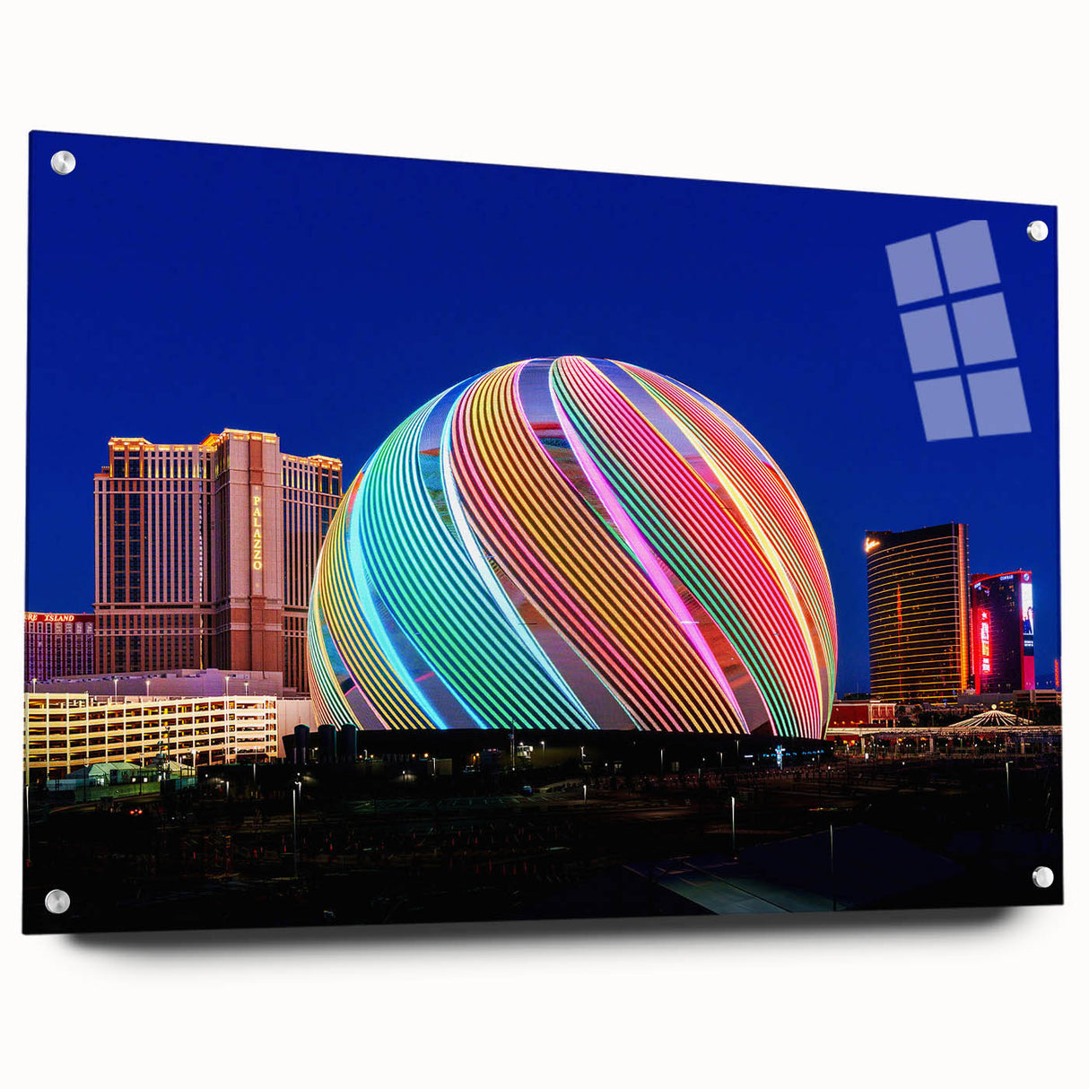Acrylic print of a large abstract Las Vegas skyline in vibrant hues, ideal for dining room decor.