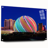 Acrylic print of a large abstract Las Vegas skyline in vibrant hues, ideal for dining room decor.