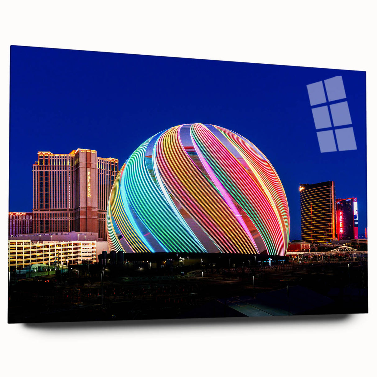 Large abstract wall art of Las Vegas skyline in muted blue and gray tones on acrylic glass.