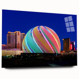 Large abstract wall art of Las Vegas skyline in muted blue and gray tones on acrylic glass.