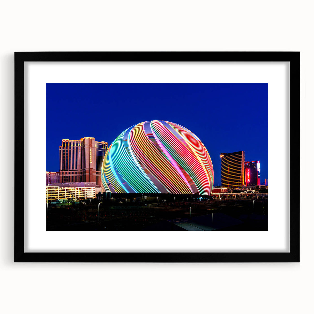 Colorful abstract art print of Las Vegas with vibrant hues on a textured, extra large canvas, ideal for living room decor.