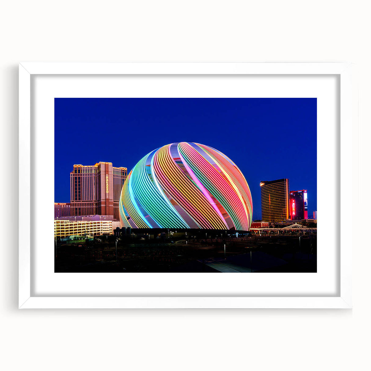 Abstract art print of Las Vegas skyline in muted gray and blue tones on a framed poster, ideal for dining room decor.
