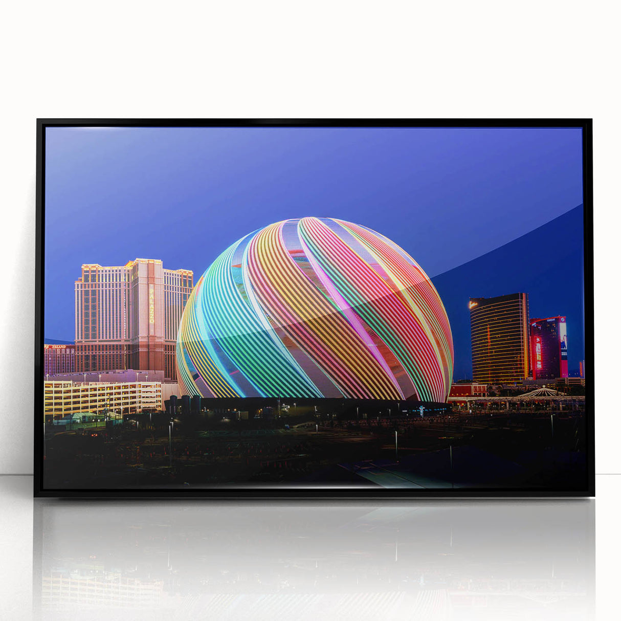 Large abstract wall art of Las Vegas skyline in black and white tones, acrylic print in black frame.