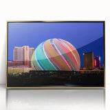 Mid-century modernist Las Vegas skyline on a gold-framed acrylic print, with vibrant twilight hues.