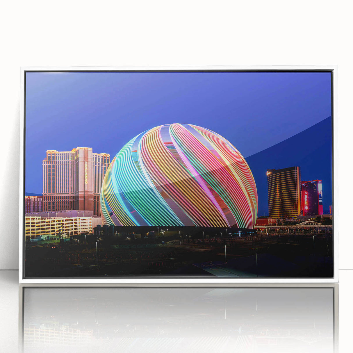 Art Deco style poster of Las Vegas skyline in muted metallic tones on framed acrylic, suitable for modern art wall decor.
