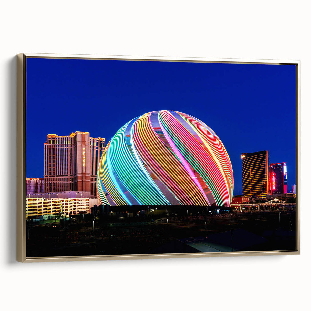 Framed canvas of vintage Las Vegas landscape in black and gold tones, ideal for bedroom wall art.