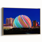 Framed canvas of vintage Las Vegas landscape in black and gold tones, ideal for bedroom wall art.