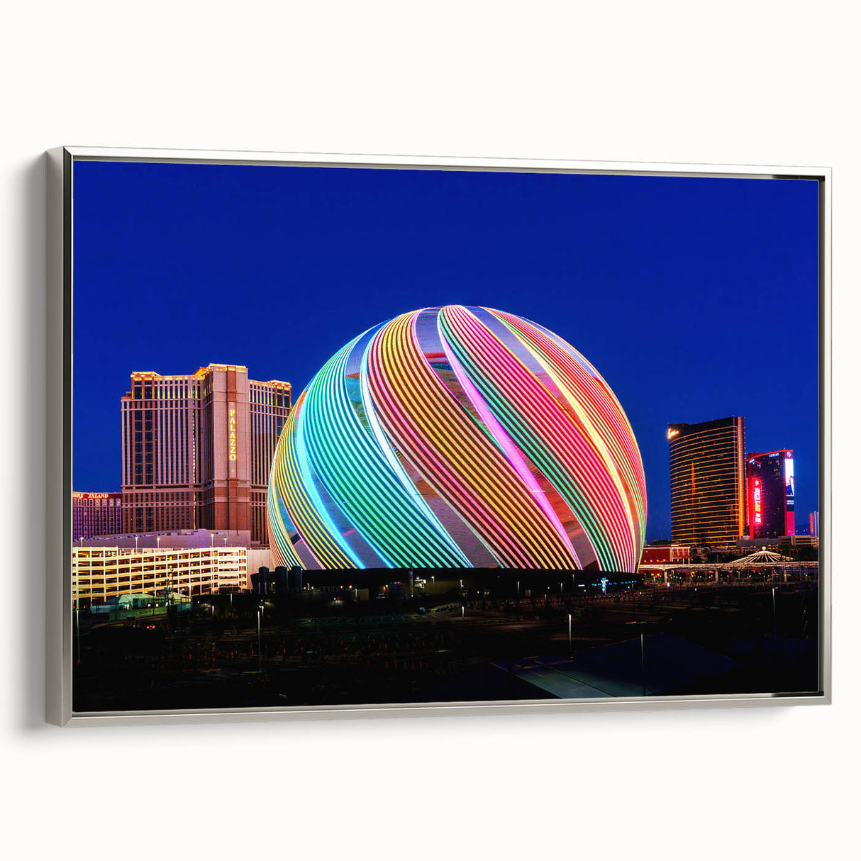 Framed canvas of a vintage-style Las Vegas landscape painting in colorful hues, ideal for living room decor.