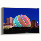 Framed canvas of a vintage-style Las Vegas landscape painting in colorful hues, ideal for living room decor.