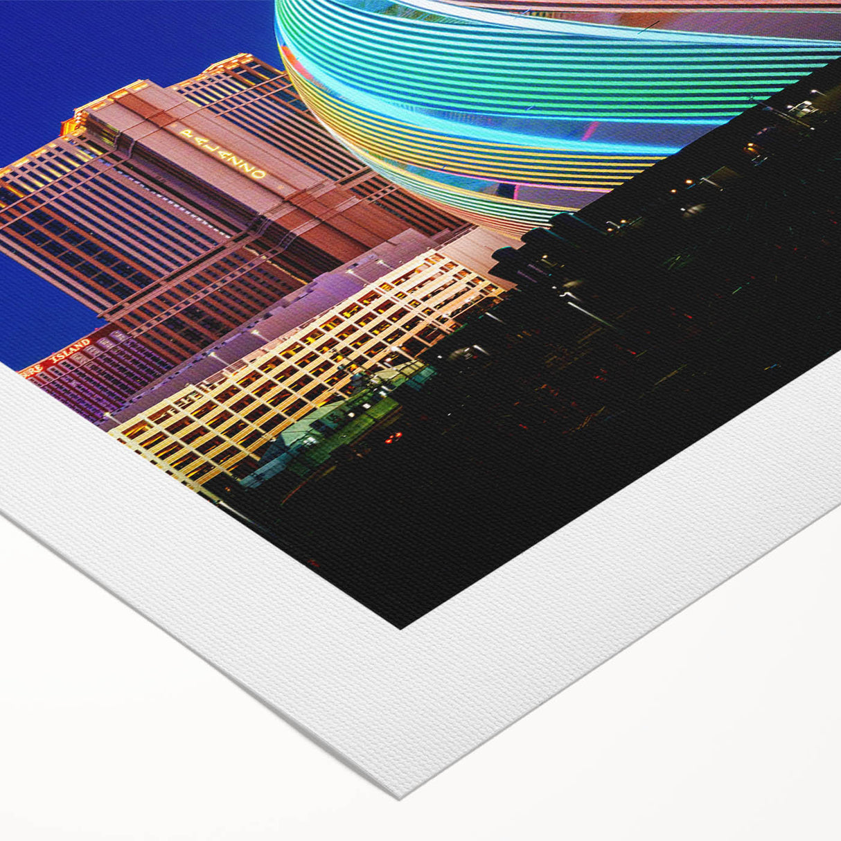 Art deco poster depicting the Las Vegas skyline in bold black and gold tones on rolled canvas.