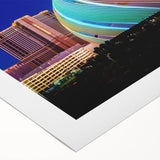 Art deco poster depicting the Las Vegas skyline in bold black and gold tones on rolled canvas.