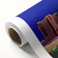 Art deco poster of Las Vegas skyline in monochrome shades on rolled canvas.
