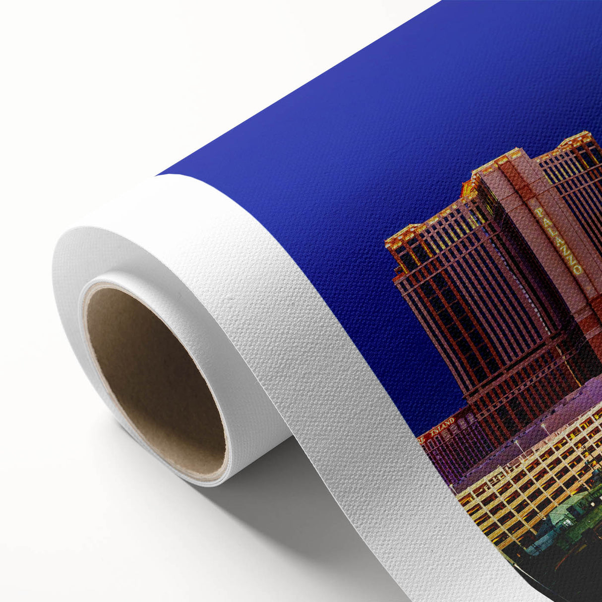 Art deco poster of Las Vegas skyline in monochrome shades on rolled canvas.