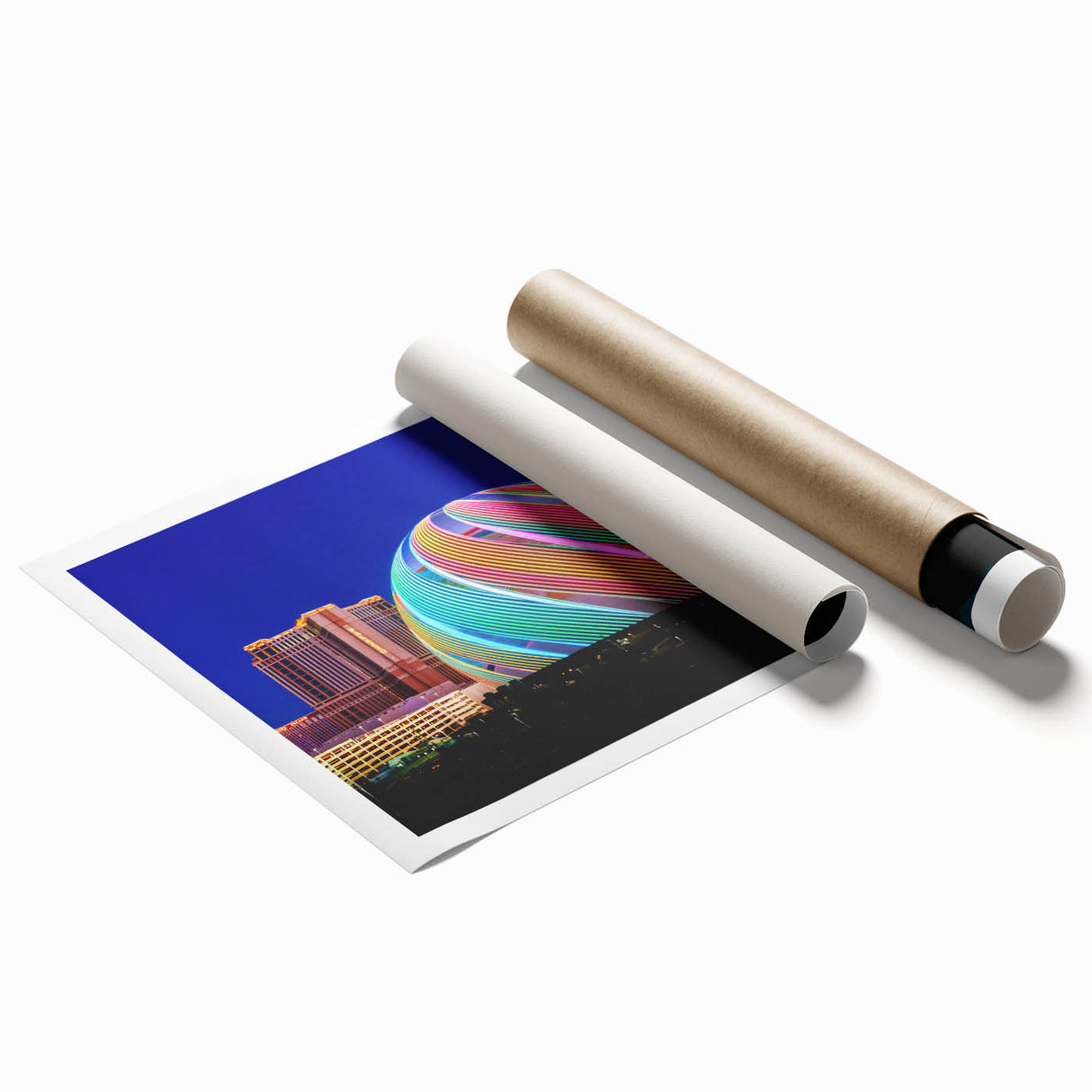 Extra large rolled print of Las Vegas scenery featuring vibrant twilight hues and floral motifs.