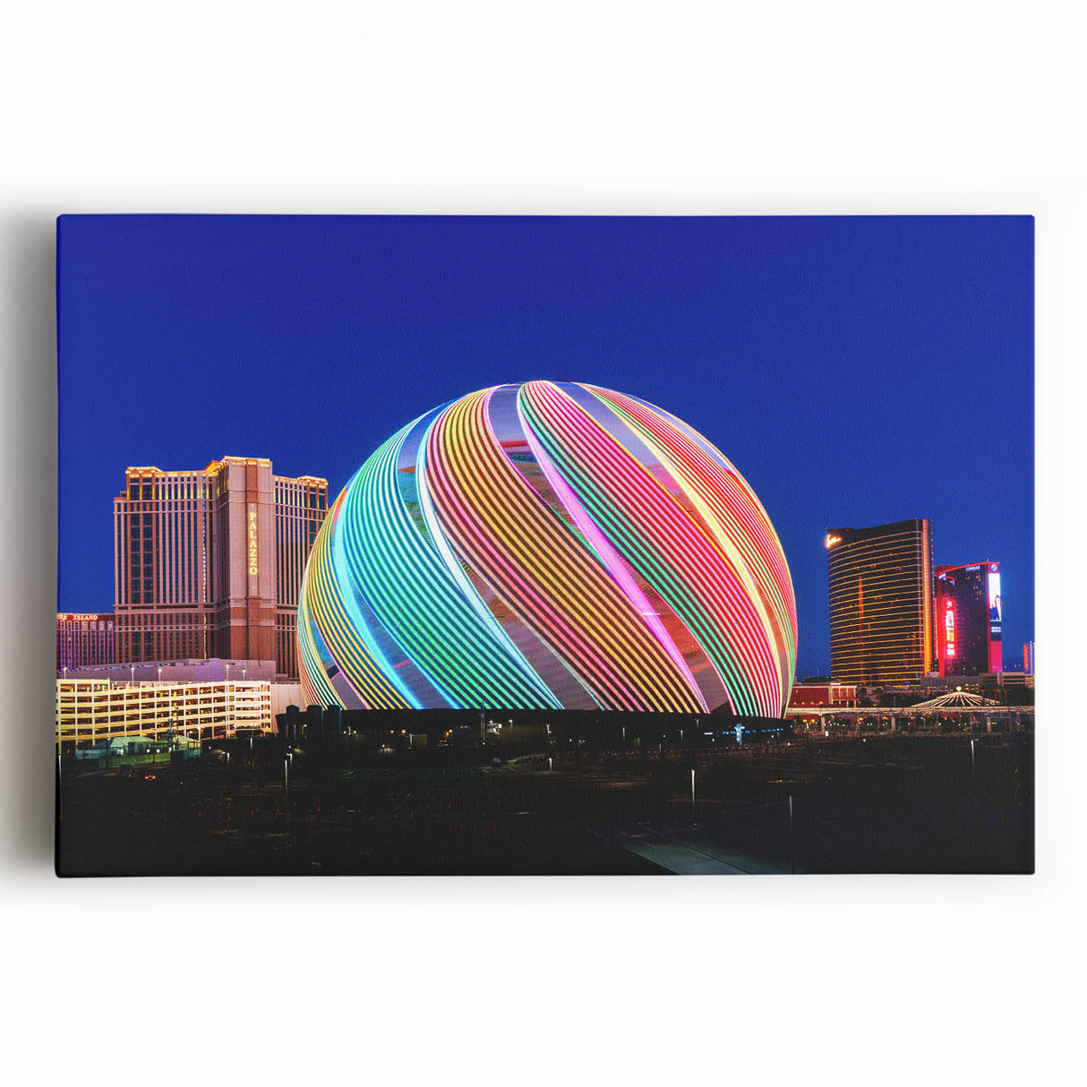 Black and white large art print of Las Vegas skyline on stretched canvas, ideal for kitchen wall art.