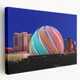 Large canvas print of the Las Vegas skyline in vibrant night colors, suitable for kitchen wall art.
