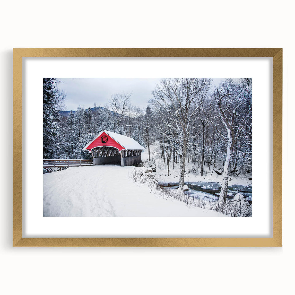 Abstract art print of New Hampshire scenery in textured gold frame, using muted earth tones.