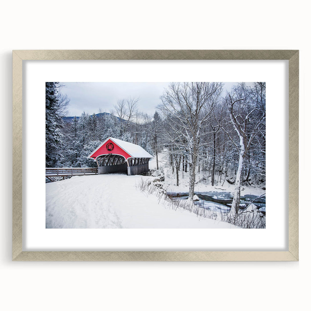 Textured abstract art print of New Hampshire scenery in muted earth tones, framed in silver, ideal for bedroom art.