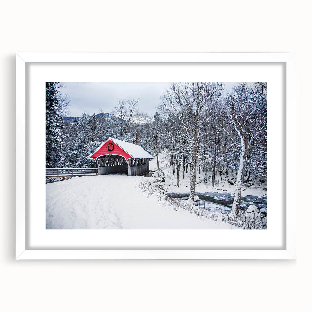 Abstract art print of New Hampshire scenery in muted greens and blues, framed with a white mat, ideal for dining room decor.