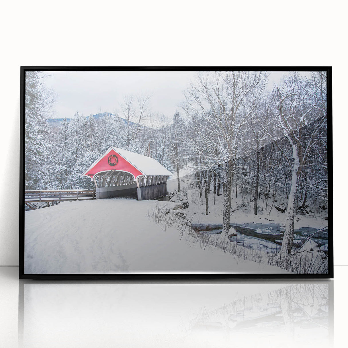 Large abstract wall art depicting a serene New Hampshire landscape in muted earth tones, framed in black acrylic.