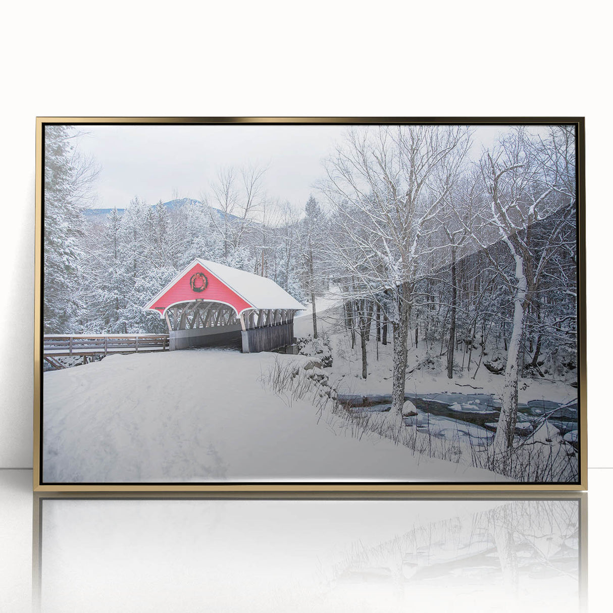 Mid-century modernist acrylic print of a New Hampshire landscape in gold frame, ideal for nursery wall art.