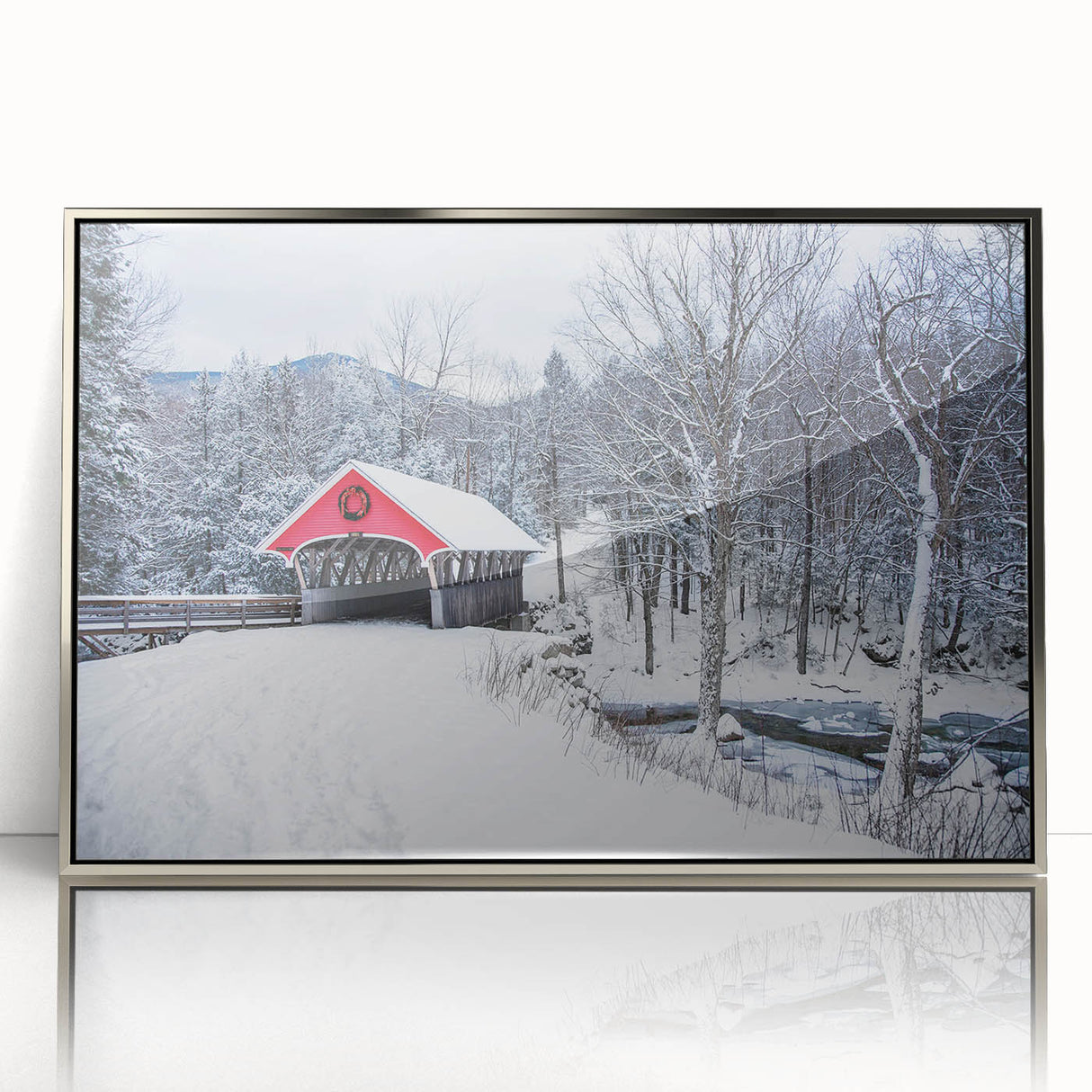 Mid-century modernist art depicting New Hampshire scenery in muted earth tones on a silver-framed acrylic print.