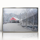 Mid-century modernist art depicting New Hampshire scenery in muted earth tones on a silver-framed acrylic print.