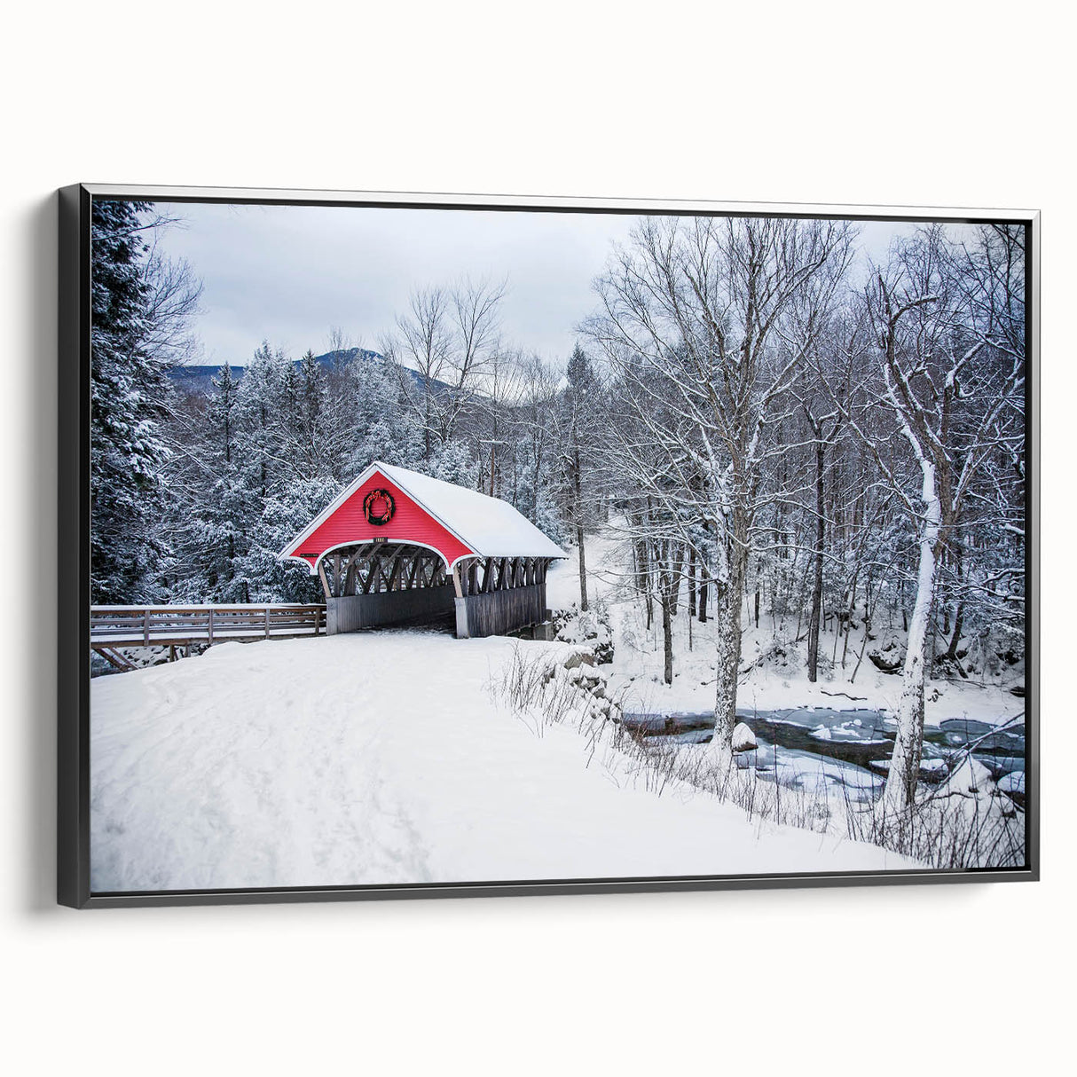 Black and white landscape art painting of New Hampshire scenery on framed canvas, ideal for bedroom decor.