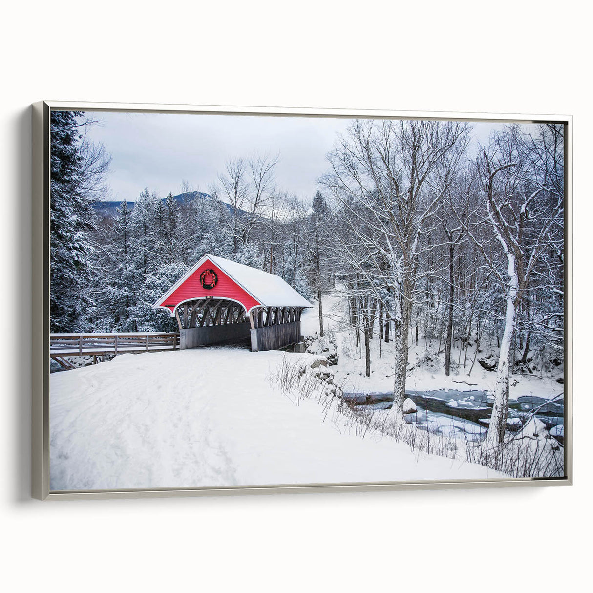 Framed canvas of a vintage-style New Hampshire landscape painting, featuring vibrant green and blue tones.