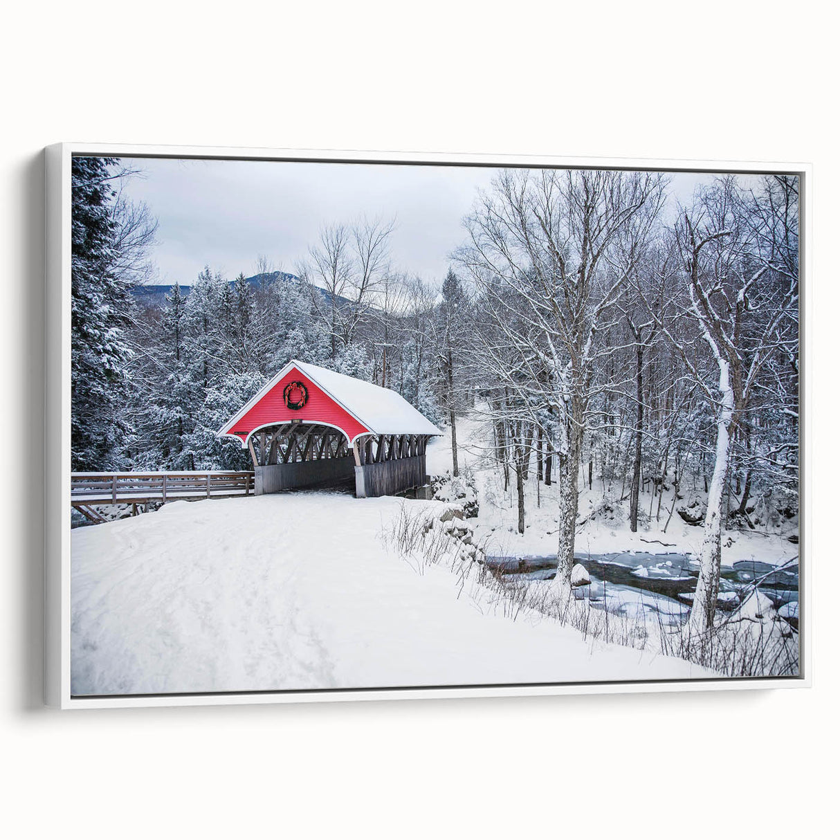 Vintage poster art of New Hampshire scenery on a large framed canvas, featuring colorful art with black accents.