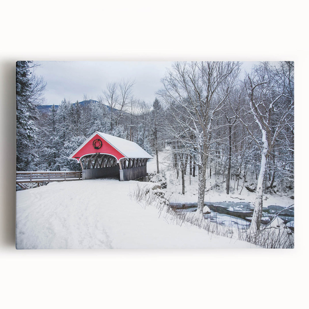 Black and white stretched canvas featuring a serene New Hampshire landscape, ideal for kitchen wall art.