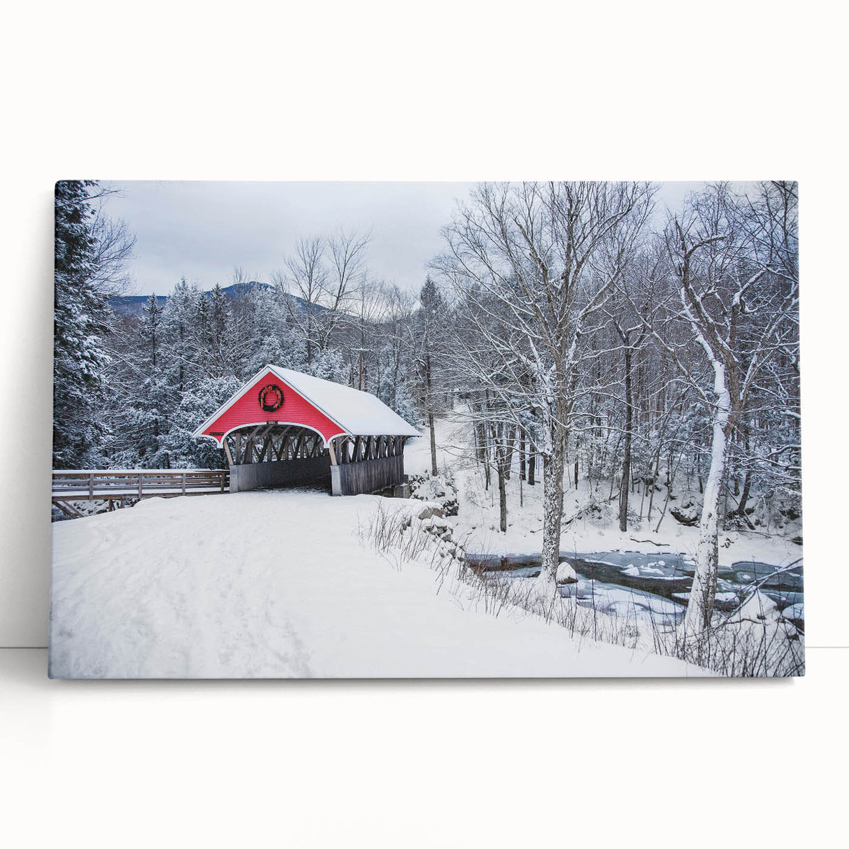Black and white stretched canvas featuring a serene New Hampshire landscape, ideal for kitchen wall art or bedroom ambiance.