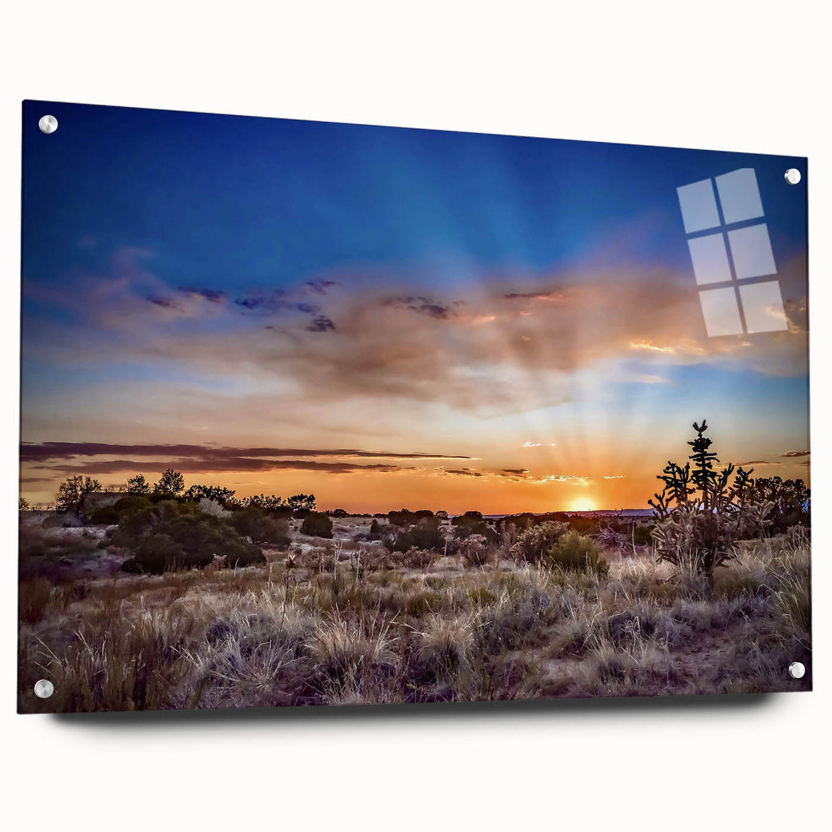 Large abstract wall art depicting the New Mexico scenery in muted earth tones on acrylic glass.