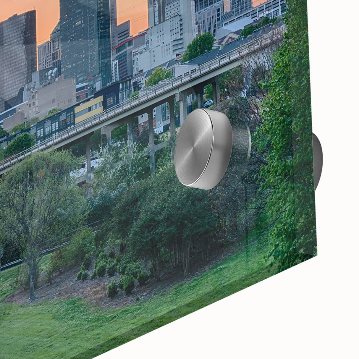 Mid-century modernist acrylic print of Charlotte skyline in muted gray and blue tones, ideal for dining room art.