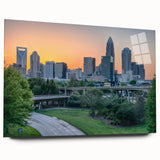 Acrylic print of Charlotte, North Carolina skyline in muted blues and grays, suitable for bedroom or dining room art.