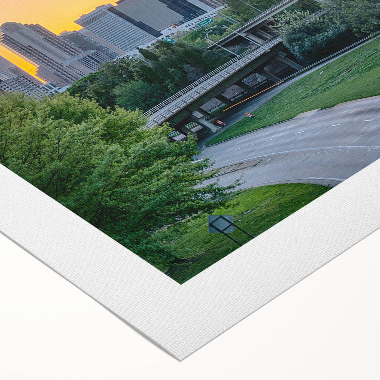 Art deco poster of Charlotte skyline in muted metallic tones on rolled canvas, suitable for dining room wall art.