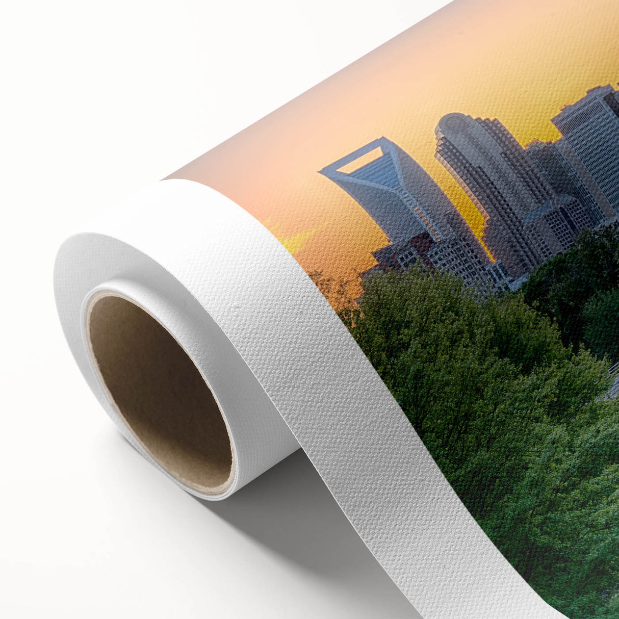 Art deco poster of Charlotte skyline in muted pastel hues on rolled canvas, ideal for nursery wall art.