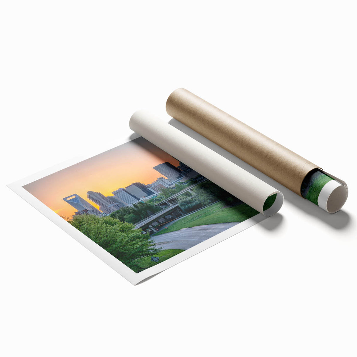 Extra large rolled print of Charlotte skyline with muted green and blue tones, ideal for classy bathroom wall art.
