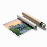 Extra large rolled print of Charlotte skyline with muted green and blue tones, ideal for classy bathroom wall art.