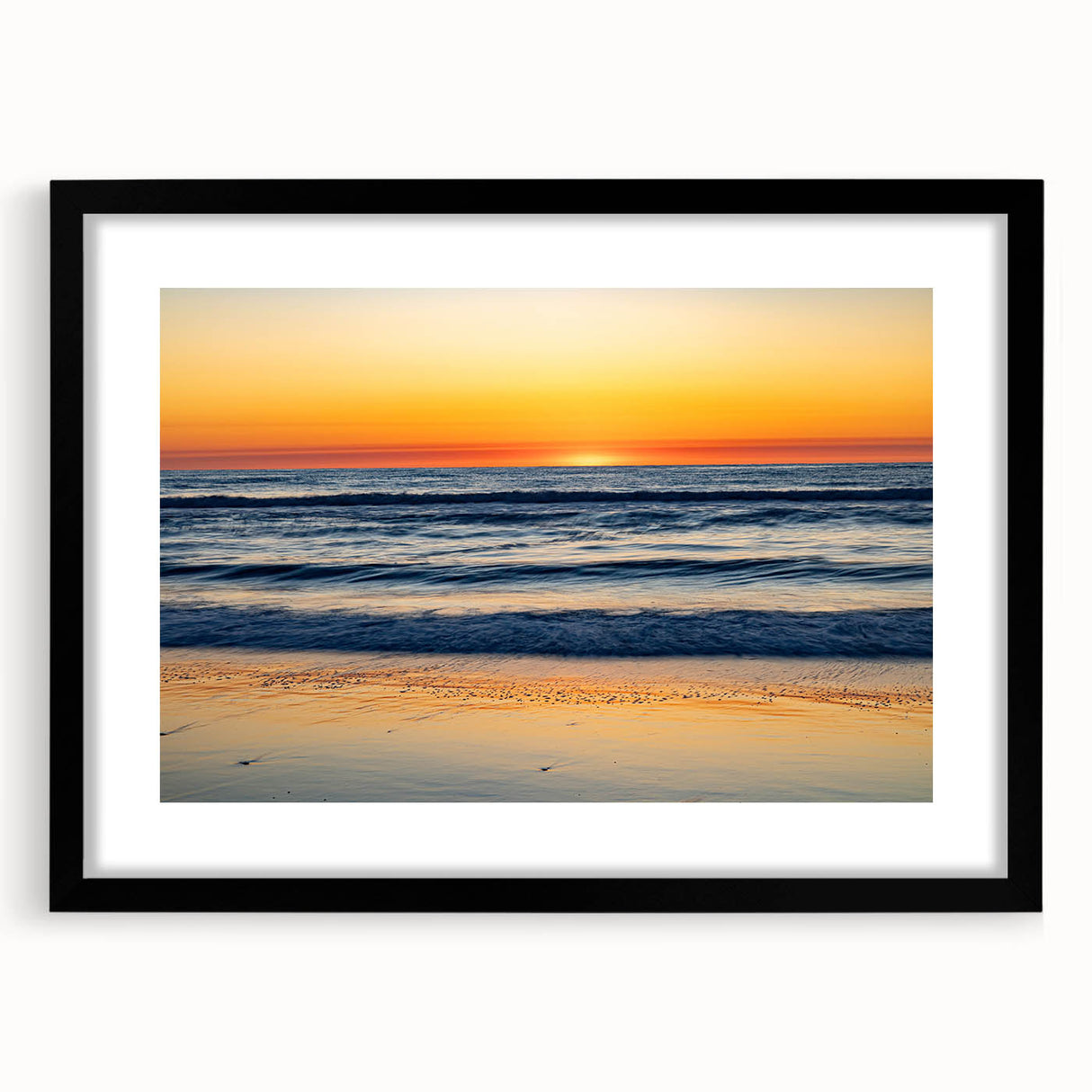 Abstract art print of Outer Banks with textured, colorful art in large black frame, ideal for living room decor.
