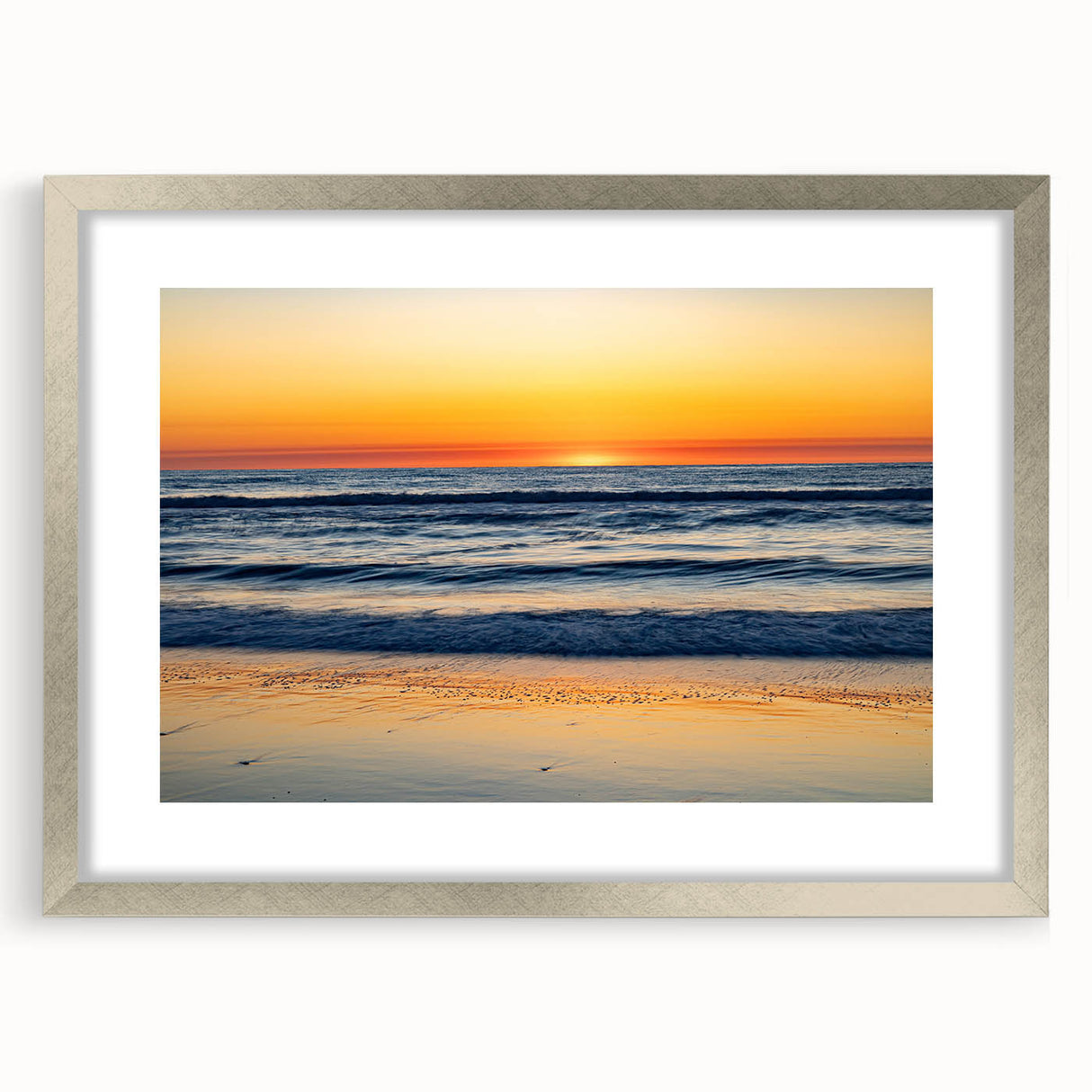 Textured abstract art print depicting the Outer Banks with muted blue and gray tones on a framed silver mat.